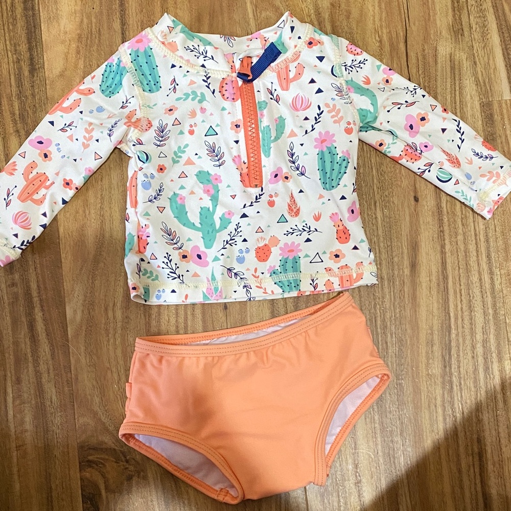 Ruffle Butts Cactus Rashguard Set - Peach and Mint
